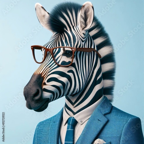 Modern Zebra in fashionable trendy outfit with hipster glasses and blue business suit. Creative animal concept banner. Pastel blue background. Realistic  photorealistic 