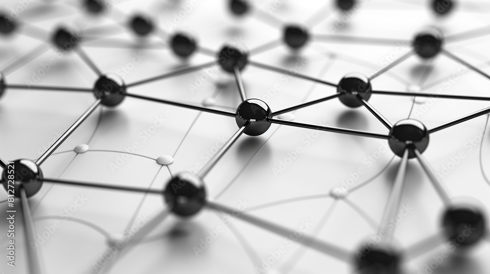 A close up of a network of black spheres. The spheres are connected by lines, and the image conveys a sense of complexity and interconnectedness A close up of a network of black spheres. The spheres are connected by lines, and the image conveys a sense of complexity and interconnectedness
