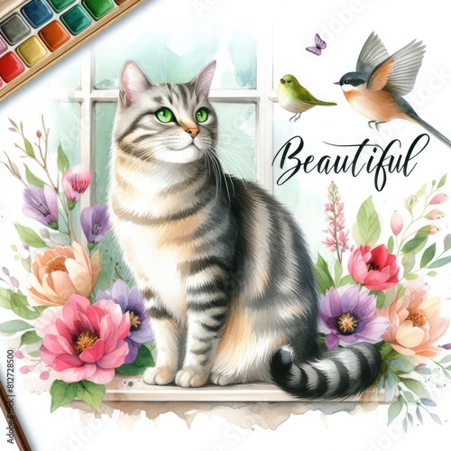 A watercolor painting of a cat and flowers image realistic used for printingcard design illustrator photo
