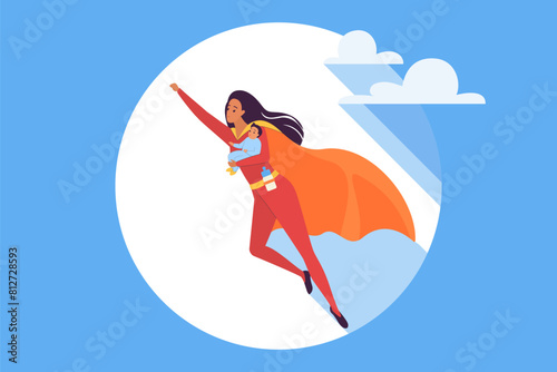 Mother superhero holding baby child and flying up in sky in pose of heroes strength and energy. Happy strong mom wearing cape and costume of superwoman to protect kid cartoon vector illustration