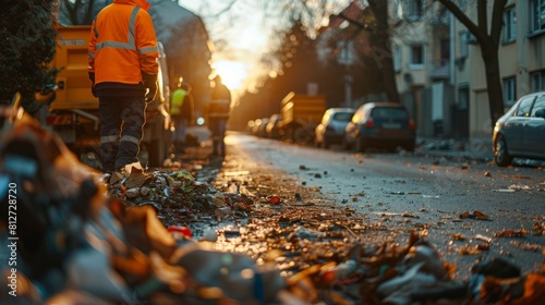 Close-up of waste management activity on suburban street. photo