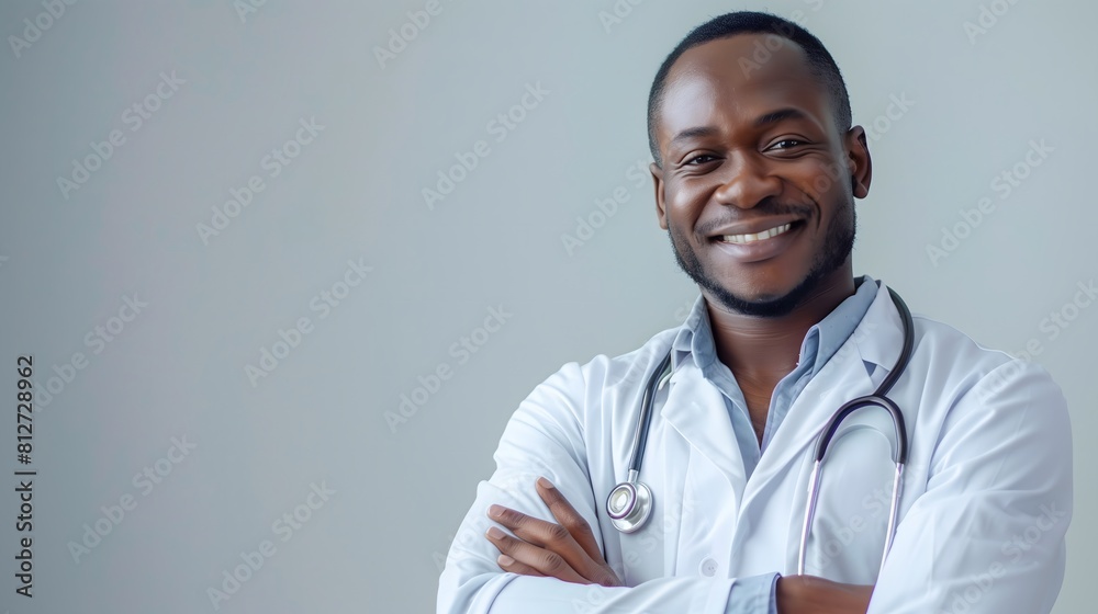 Doctor - A friendly, confident Black man in a doctor's coat, grinning warmly at the camera Doctor - A friendly, confident Black man in a doctor's coat, grinning warmly at the camera