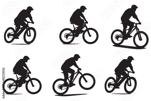 set of silhouette bicycle riders