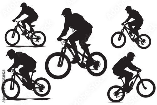 set of silhouette bicycle riders