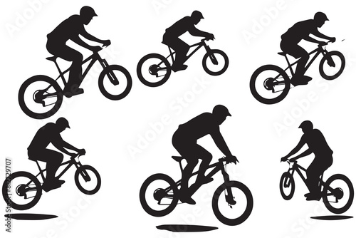 set of silhouette bicycle riders