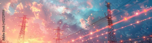 Futuristic power towers rise beneath a celestial canopy: Radiant energy sustains amidst a digital scenery photo