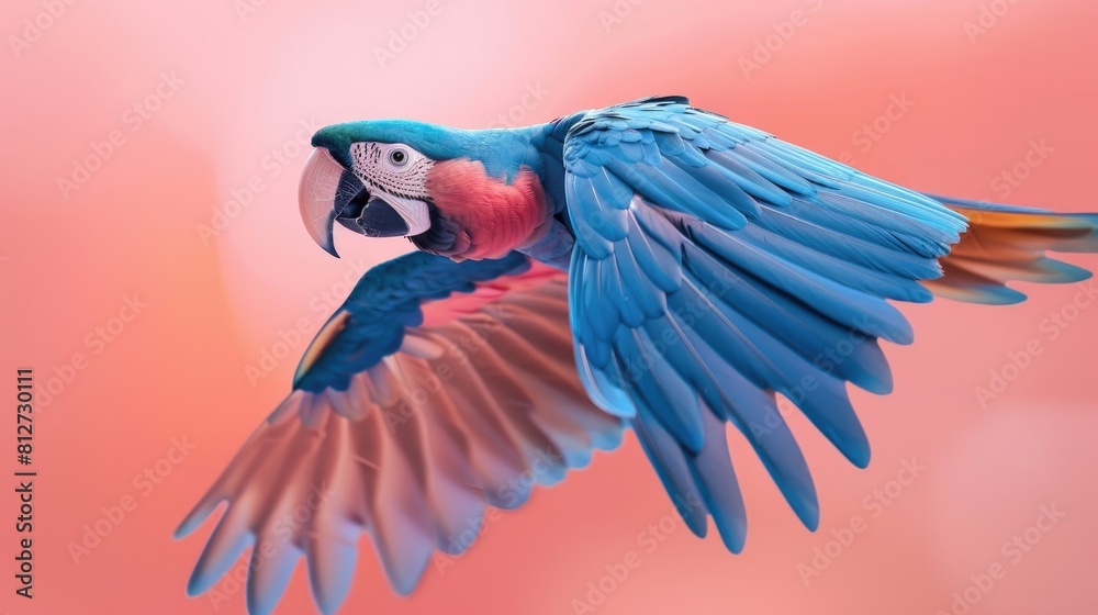 Obraz premium Hyacinth macaw flying, in the style of graphic design poster art, paper sculptures, light peach fuzz, pastoral scenes, simplified shapes, soft-edged, spectacular backdrops