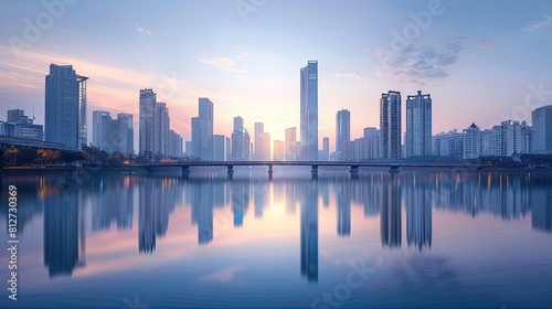 Modern city  skyscrapers  bridges  lake surface