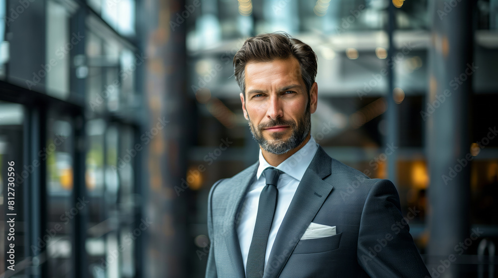 A CEO in a power suit, standing confidently in a corporate setting