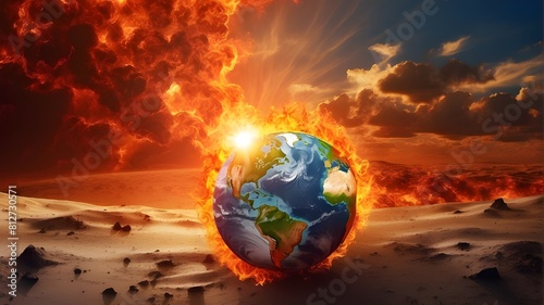 The Earth globe appears to be burning in a microwave oven, serving as a conceptual representation of global warming, temperature rise, and excessive global warming.