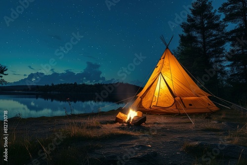 Glowing tent by a tranquil lake with a campfire under a night sky full of stars