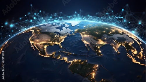 The concept of a global network and connectivity on Earth, the digital globe, cyber technology and fast data transfer, information sharing, and international