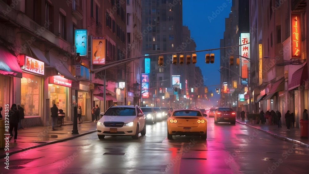 The bustling traffic and the headlights of passing cars provide layers of color, texture, and energy to the nighttime picture, enhancing its colorful ambiance. The bustling traffic and the headlights of passing cars provide layers of color, texture, and energy to the nighttime picture, enhancing its colorful ambiance.