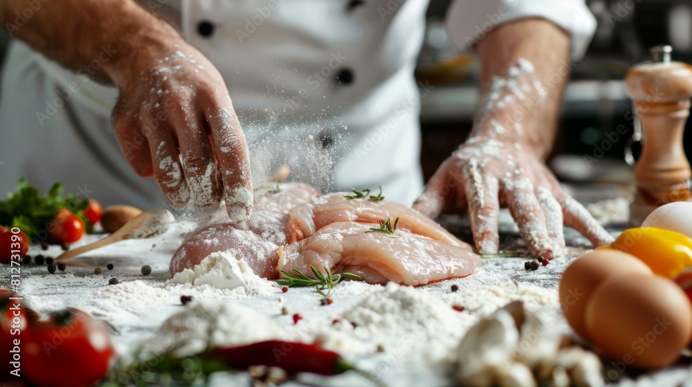 Close Up Chef's Hand with Raw Chicken Breast Fillets for Cooking
