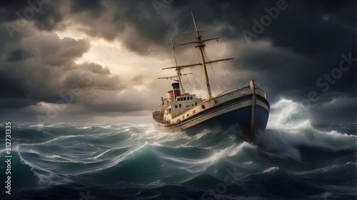 A boat in distress. a ship sailing across a rough, stormy sea that is about to sink. A window of chance to avert a tragedy may exist. photo