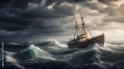 A boat in distress. a ship sailing across a rough, stormy sea that is about to sink. A window of chance to avert a tragedy may exist.