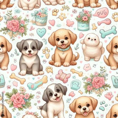 A seamless pattern of dogs and flowers image art has illustrative meaning card design illustrator.