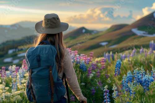 woman with backpack and hat hiking through colorful lupine fields at sunset, showcasing a scenic mountain landscape photo