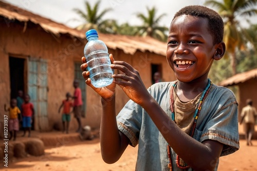 Happy african boy holding water bottle to quench thirst during drought photo