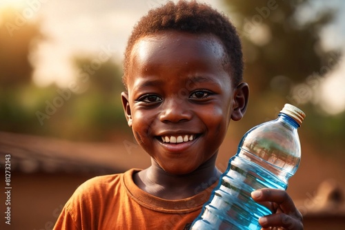 Happy african boy holding water bottle to quench thirst during drought