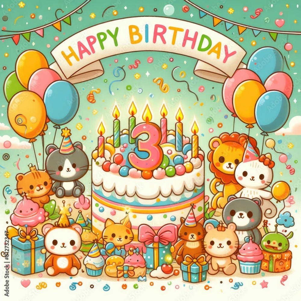 Birthday cards card with a cake and animals art photo lively card design illustrator.