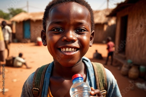 Happy african boy holding water bottle to quench thirst during drought