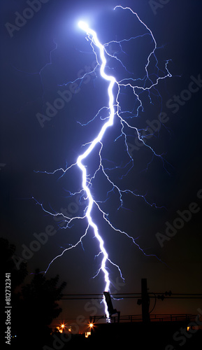 A bolt of lightning strikes a power line. The sky is dark and stormy. The lightning is bright and powerful. Generative AI