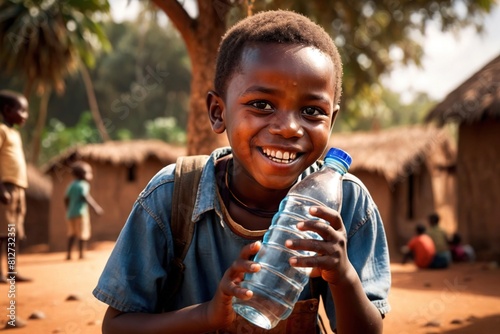 Happy african boy holding water bottle to quench thirst during drought