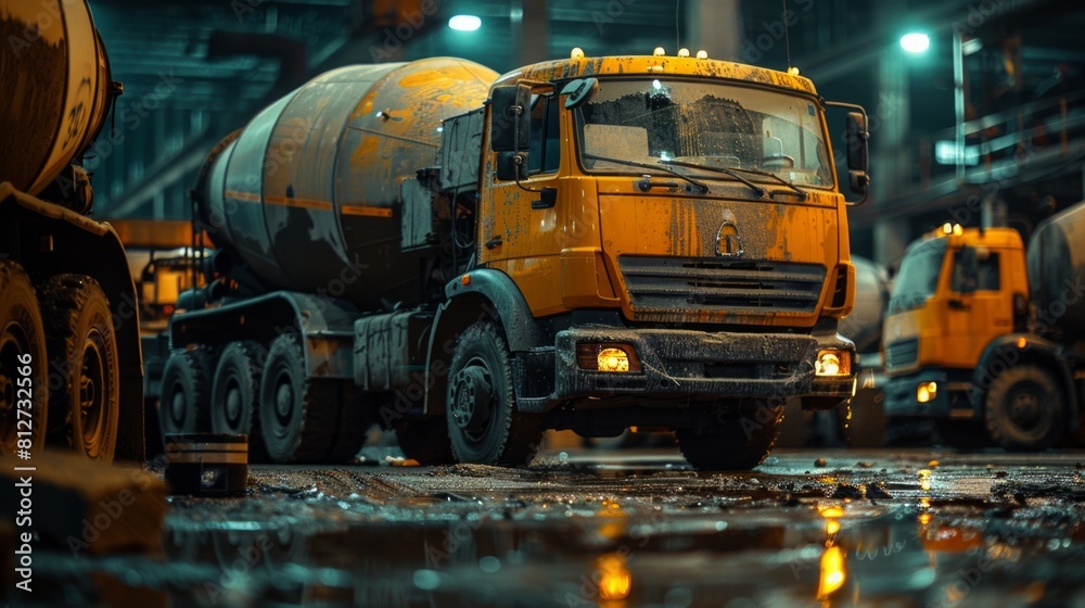 Detailed view of concrete mixer trucks in a dimly lit garage. Detailed view of concrete mixer trucks in a dimly lit garage.