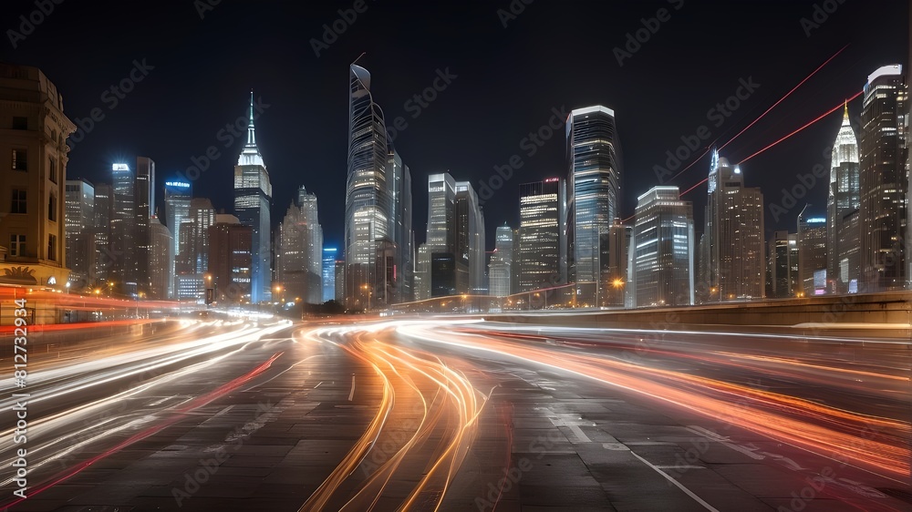 The scene was captured using an abstract long exposure method that highlights time and motion, producing light streaks that give the metropolitan landscape a sense of movement and fluidity.
