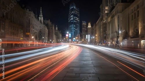 The scene was captured using an abstract long exposure method that highlights time and motion, producing light streaks that give the metropolitan landscape a sense of movement and fluidity.