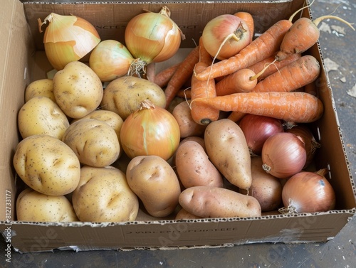 A mix of potatoes, carrots, and onions presented in an eco-friendly cardboard box, showcasing a farm-fresh collection photo