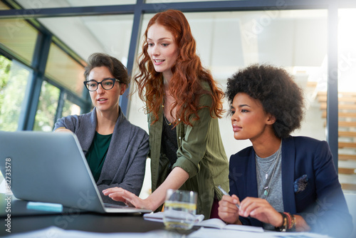 Laptop, teamwork or women in startup for problem solving, conversation or discussion for tech news. Solution, meeting or people in office for planning strategy, feedback data or online collaboration