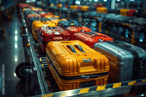 Close Up of Conveyor Belt with Suitcases A dynamic and cinematic scene capturing luggage movement in a high-tech factory setting	
