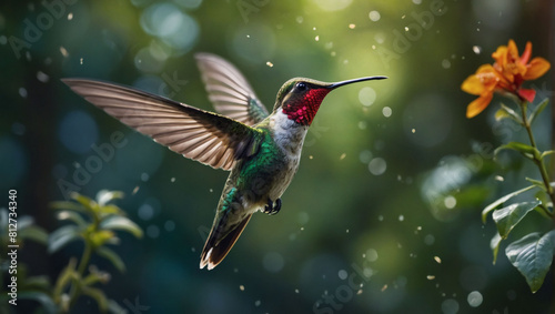 Intriguing digital composition, A flying hummingbird amidst a green forest captured in vibrant colors and exquisite detail.