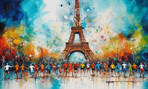 Watercolor illustration of a fast-running athlete people in a race against the Eiffel Tower during a competition at the Olympic Games. Athlète pratiquant la course à pied lors des Jeux olympiques photo