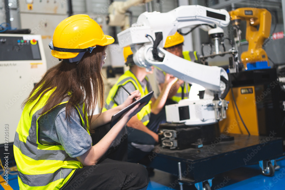 Female engineer inspect on machine robot arm with smart tablet. Construction installation in industrial factory. technician worker check for repair maintenance electronic operation with remote system Female engineer inspect on machine robot arm with smart tablet. Construction installation in industrial factory. technician worker check for repair maintenance electronic operation with remote system