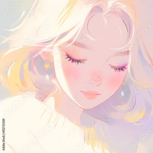 A young woman exudes serenity in a soft-focus pastel portrait that captures her essence and the tranquility of nature.