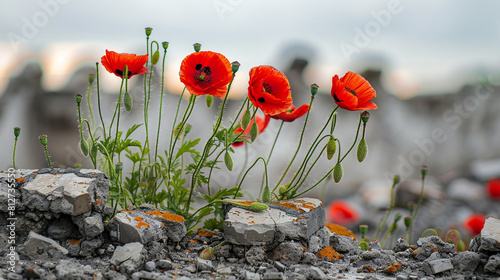 Detailed view of poppies thriving through war ruins, symbolizing rebirth and peace  Memorial Day. photo