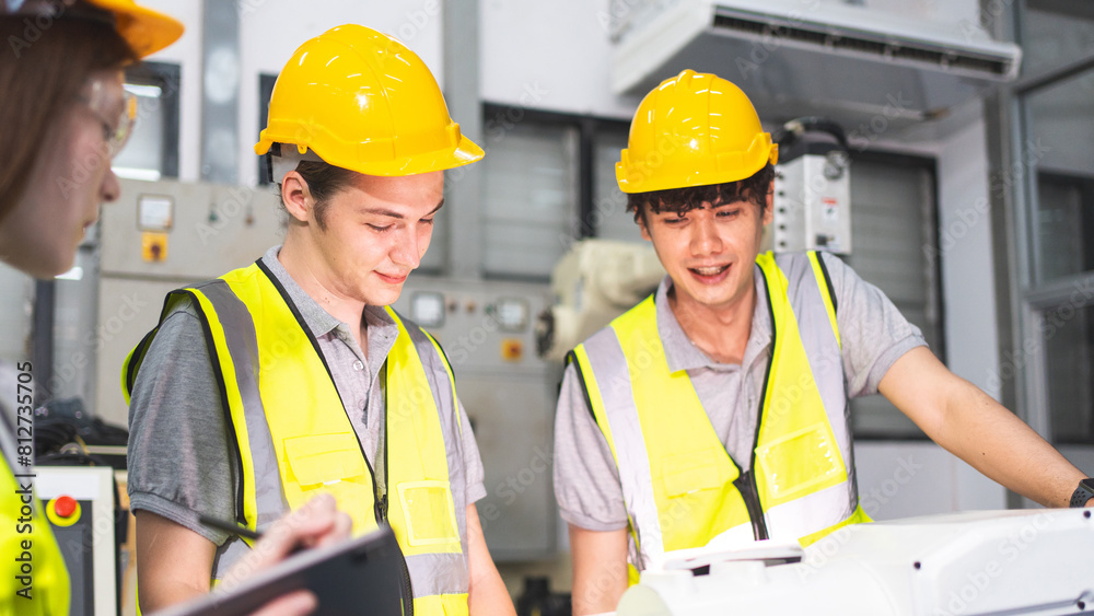 A Group of engineer are examining machine robot arm with smart tablet. Installation indoor industrial factory. Technician coworker check for repair maintenance electronic operation with remote system A Group of engineer are examining machine robot arm with smart tablet. Installation indoor industrial factory. Technician coworker check for repair maintenance electronic operation with remote system