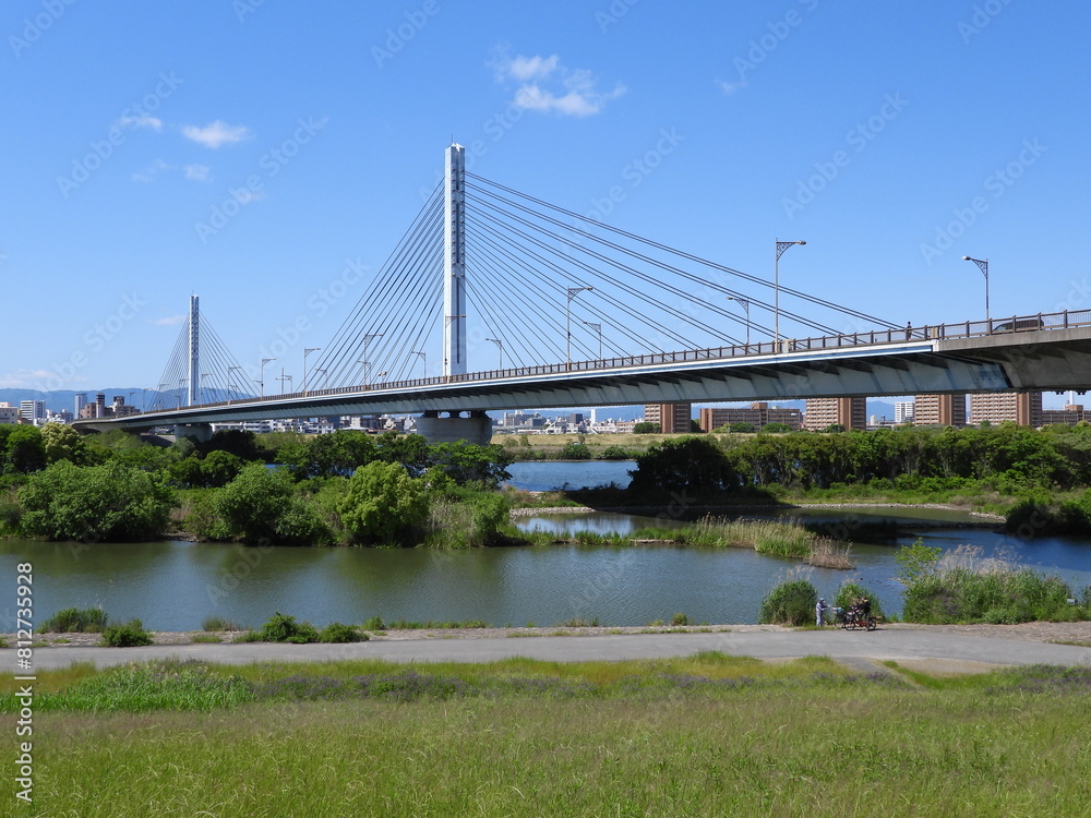 淀川に架かる菅原城北大橋と城北ワンド(2024年5月撮影) 淀川に架かる菅原城北大橋と城北ワンド(2024年5月撮影)