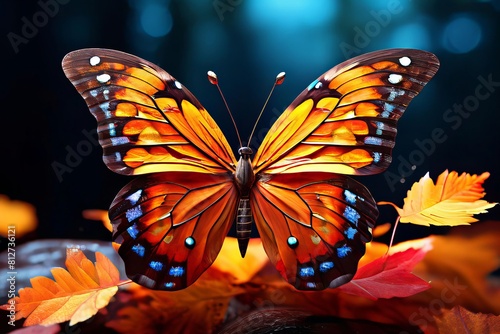 butterfly with blue spots on its wings is flying over a pile of orange leaves