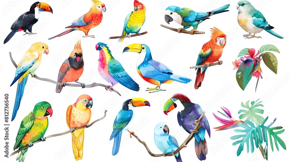 Obraz premium Diverse Tropical Birds Perched on Branches with Lush Foliage