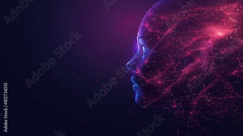 Blue background with network connection woman face made of lines and dots
