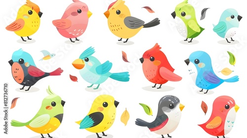 Cute Cartoon Birds Set Colorful Whimsical Natural Chicks Parrots Wildlife Icons Digital Graphic Flat Design Ornament Fun Cheerful Collection Isolated