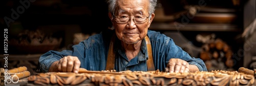Chinese woodworker carving intricate patterns into bamboo furniture