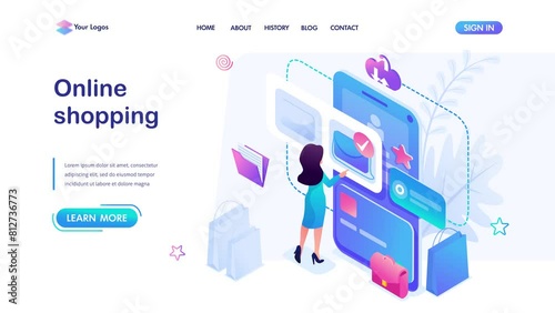 Isometric concept Young girl shopping online using smartphone and mobile app, paying by credit card. Template landing page for website