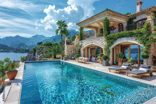 A luxurious villa with an infinity pool overlooking the French Riviera  featuring stone walls and intricate architecture. Created with Ai