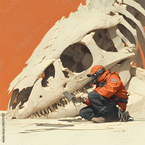 An archeologist meticulously dusts off a large fossil, revealing ancient secrets hidden within its bones. This image captures the essence of scientific discovery and the thrill of unearthing history.