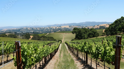A vineyard with a lot of green vines and a bright sun shining on them. The sun is casting a warm glow on the vines, making them look even more lush and vibrant. The scene is peaceful and serene